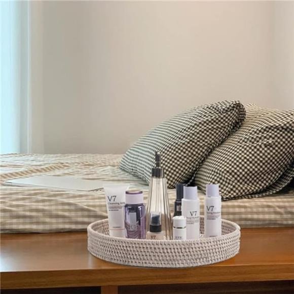 Afoxsos 11.8 in. Round Rattan Tray, Ottoman Tray, Woven  11.8 inch Round Rattan Tray,Ottoman Tray,Woven Serving Tray with Cut-Out Handles